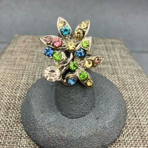Statement Ring Multicolor Rhinestone Floral Leaves Silver Adjustable Retro Bling